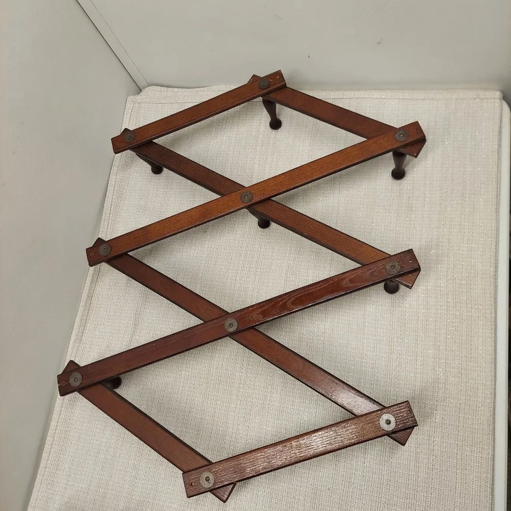 Vintage Wooden Accordion Wall Rack 10 Peg Expandable Hat Coat Hanger Dark Brown